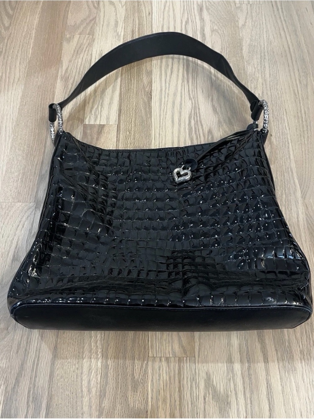 Brighton Black Patten Leather Crocodile-Embossed Shoulder Bag w/ Heart Details